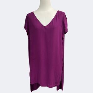 Eileen Fisher‎ M Burgundy All Silk V-neck Hi Low Tunic Cap Sleeves Minimalist